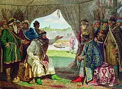 Vladimir&nbsp;II (à gauche) rencontre Sviatopolk&nbsp;II à Dolobsk en 1103 (tableau de Kivchenko, 1851-1895).
