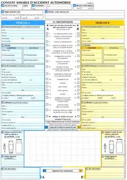 Le recto d'un formulaire de constat européen d'accident, dit constat amiable