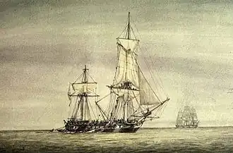 Tableau de la Constellation, au premier plan, qui s'apprête à faire voiles vers la Vengeance, à l'arrière plan, afin d'engager le combat.