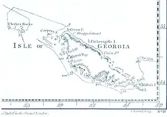 Îles Pickersgill sur la carte des découvertes de James Cook dans le sud de l'océan Atlantique.