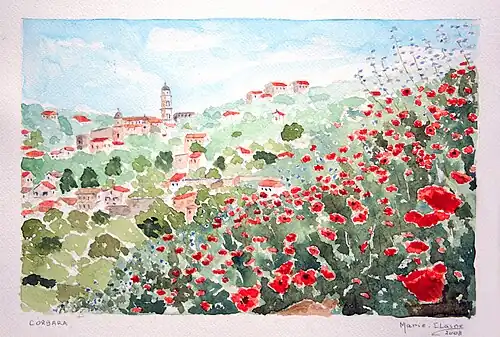 Aquarelle montrant Corbara de façon stylisée.