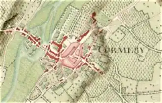 Carte ancienne représentant le tracé d'une route sur le plan d'une ville.