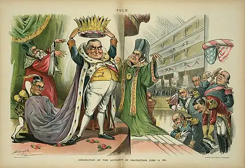 Caricature représentant McKinley habillé en Napoléon sur le point de sa couronner avec une couronne portant l'inscription « nomination républicaine ». Deux hommes ressemblant à des prêtres sont à ses côtés et en bas de la tribune, plusieurs hommes portant des uniformes militaires s'inclinent devant McKinley.