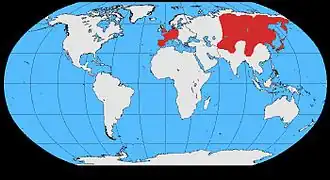 Carte du monde mettant en évidence deux zones en rouge : l'Europe de l'ouest et le nord-est de l'Asie.
