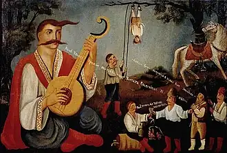 Conte du héros folklorique ukrainien (illustration du XIXe&nbsp;siècle) : au premier plan le cosaque Mamaï joue de la kobza, tandis qu'à l'arrière-plan, ses haïdamaks molestent deux usuriers vêtus en Juifs traditionalistes, l'un suspendu par les pieds à un arbre, l'autre tiré de force par sa barbe et frappé. Ce dernier dit : « Pitié, M. Mamaï, je n'ai pas sou vaillant » : le cosaque répond : « Je n'ai besoin d'aucun argent de toi, pour ceux comme vous, le seul salut est le ciel ». Dans l'histoire des Juifs en Ukraine, on peut évoquer ce propos l'antisémitisme et les pogroms.