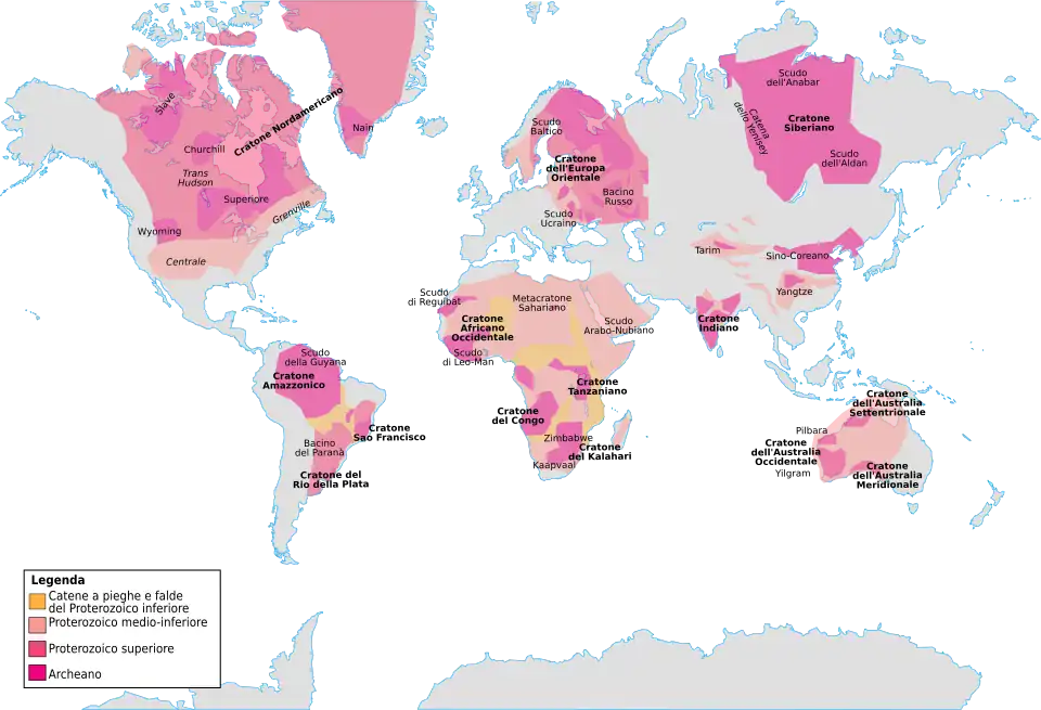 Carte géologique simplifiée (en italien) représentant l'Égypte constituée par une juxtaposition de terrains localisés sur le métacraton du Sahara et le bouclier arabo-nubien.