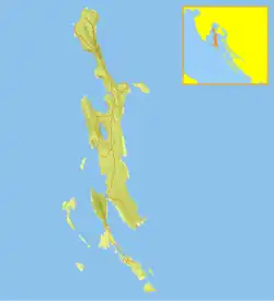 Carte numérique des îles Absartydes sur fond bleu marine. La location des îles dans la Mer Adriatique est indiquée dans un carré en haut à droite.