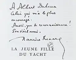 Dédicace de Maurice Renard à Albert Dubeux en première page de son roman "La Jeune Fille du yacht".