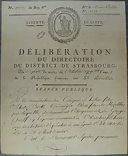 Délibération du directoire du district de Strasbourg du 18 octobre 1792 autour des dénonciations qui demandent l'éloignement de George Graff, ex-capucin (l'ordre mineur des Capucins avait été aboli en 1790) de la commune d'Oberschaeffolsheim.