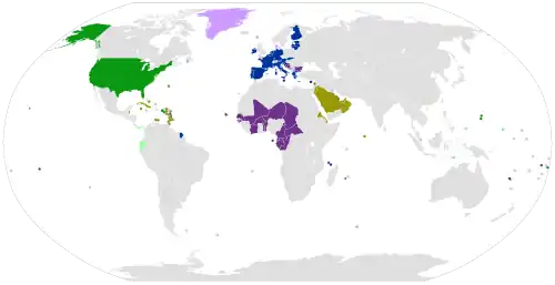 Carte faisant la comparaison mondiale du dollar et de l'euro