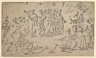 Gravure d'une scène avec de nombreux personnages. Seules les ombres sont imprimées dans cette estampe.