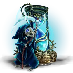 Image d'un petit squelette de rat portant une cape noire et une faux, sur fond d'un sablier bleu.