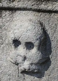 Vue d'une tête de mort sur le socle.