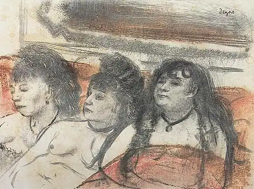 Trois prostituées sur un canapé, gravure monotype, 1879.