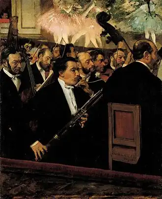 L'Orchestre de l'Opéra (Musée d'Orsay, 1868), montrant le corps de ballet au-dessus de la fosse de la salle Le Peletier au Théâtre impérial de l'Opéra