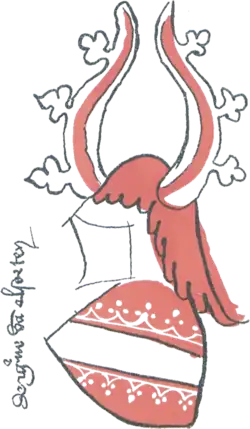 Dessin d'un bouclier rouge traversé par une bande blanche et surmonté d'un casque avec des cornes et des décorations rouges