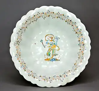 Bassine peinte avec allégorie de la force d'âme, bordure de guirlande, Deruta, XVIIe&nbsp;siècle.