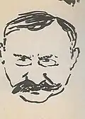 Dessin noir sur fond sepia représentant de face le visage d'un homme un peu dégarni, avec verres de lunettes et grosses moustaches