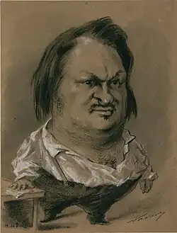Dessin de Balzac en pied, où la tête est grossie.