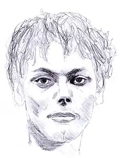 Dessin au crayon d'un homme au ton grave avec des cheveux mi-longs.