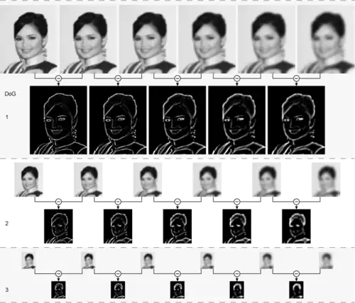 Schéma illustrant la construction d'une pyramide de différences de gaussiens (DoG) à partir de la pyramide de gradients. 3 octaves de 5 gradients sont représentées, et sous chaque octave, sont représentées les différences de gaussiennes issues de chaque paire d'images successives.