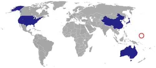 Carte du monde avec en bleu foncé les pays ayant une ambassade des États fédérés de Micronésie.