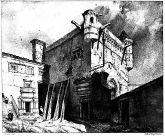 Le donjon, état au début du XIXe&nbsp;siècle, dessin d'Adrien Dauzats lithographié par Godefroy Engelmann (1833).