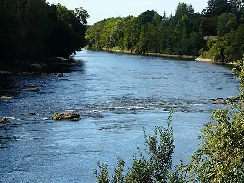 La Dordogne juste en aval du barrage de Tuilières, entre Saint-Agne (à gauche) et Mouleydier.