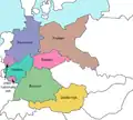 Le plan de partition en sept de Franklin Delano Roosevelt : La Hanovre La Prusse La Hesse La Saxe La Bavière La zone internationale (deux enclaves) L'Autriche