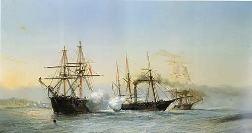 Combat naval devant la côte marocaine, huile sur toile, vers 1845, localisation inconnue.