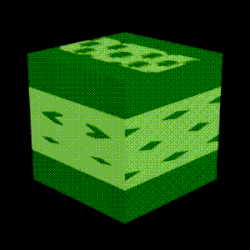 Animation représentant un cube à dominante verte qui réalise des tours sur lui-même à l'horizontale et à la verticale.