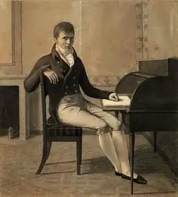 portrait noir et blanc d'un homme assis, habillé style "Empire".