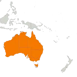 Carte de l'Océanie. L'Australie est colorisé en orange sauf sur l'État de Tasmanie où seule la partie nord-est est de cette couleur.