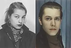 Montage de deux photographies d'identité. Elli Medeiros, à gauche, pose la tête légèrement penchée vers le bas et sa gauche, regardant l'objectif sans émotion particulière, cheveux châtain clairs, mi-longs. Elle est vêtue d'un pardessus noir à col relevé et fermeture éclair, ouvert, un pullover gris et un foulard de soie à motifs fantaisie autour du cou. Elle porte un boucle d'oreille fantaisie. Jacno, à droite, pose tourné sur sa gauche, visage et regard vers l'objectif, sans émotion particulière. Il est vêtu d'un blouson de cuir noir et d'un pullover marron.