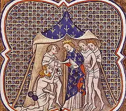 Charles III le Gros reçoit des messagers. Enluminure des Grandes Chroniques de France.