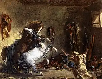 Chevaux arabes se battant dans une écurie, Eugène Delacroix, 1860