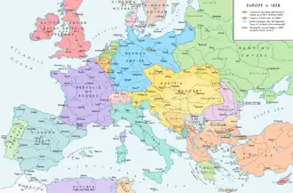 Carte de l’Europe vers 1878 montrant la Bulgarie, la Roumanie et la Russie