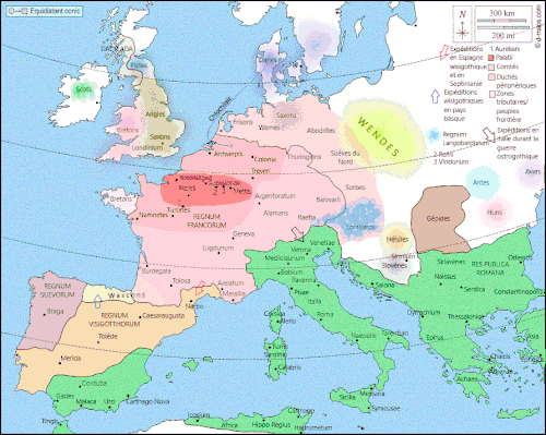 Le Royaume mérovingien à son apogée vers 560.