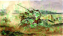 Exemple de caractéristiques SIFT sur une image. Sur cette image, des flèches représentent ces caractéristiques : leurs queues sont positionnées aux centre des points-clés correspondants, leurs normes sont proportionnelles aux facteurs d'échelle des caractéristiques et les directions correspondent aux directions principales associées.