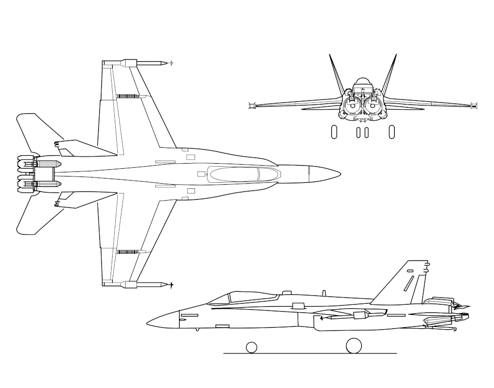 Plan trois vues du F-18 HARV.