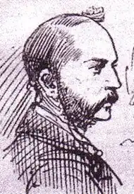 Dessin de face du visage d'un homme portant une barbe et une épaisse moustache.