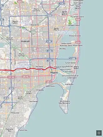 La carte de la route 836, dont le tracé est en rouge, dans le grand Miami. Il est à noter qu'elle s'étend plus vers l'ouest.