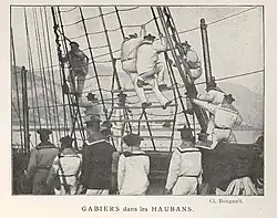 Gabier montant aux gréements en 1913.