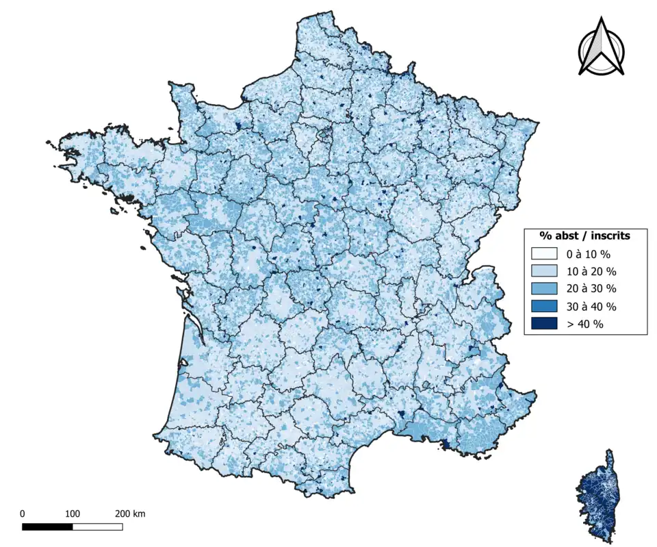 Taux d'abstention par commune au 1er&nbsp;tour en France métropolitaine.