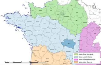 Localisation du département de l'Allier sur la carte des bassins hydrographiques français.