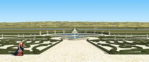 Restitution de la vue sur les jardins du château de Frémont, depuis l'escalier d'accès au grand parterre, première moitié du XVIIe siècle.