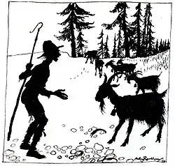 Illustration de la fable d’Ésope La chèvre et le chevrier, 1912.
