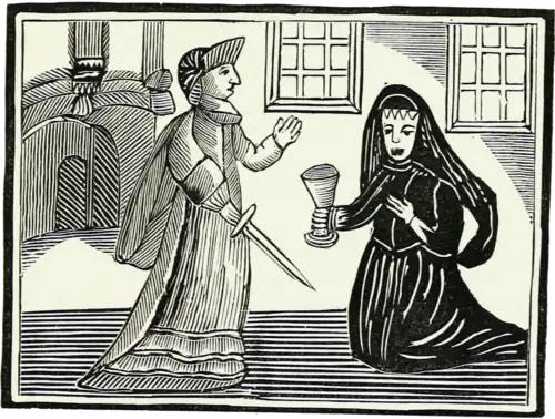 Le choix du couteau ou du poison. (Illustration d'un livre de colportage anglais du XVIIe&nbsp;siècle.)