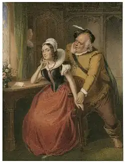 Aquarelle. Un gros homme se penche vers une dame assise. Une autre, cachée, guette