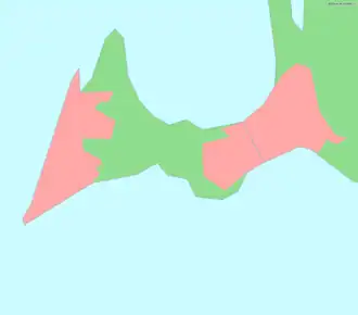 Carte de la péninsule de Falsterbo. Les zones en rose correspondent aux villes de Skanör med Falsterbo (à gauche), de Ljunghusen et de Höllviken (à droite, de part et d'autre du :canal de Falsterbo (en)).